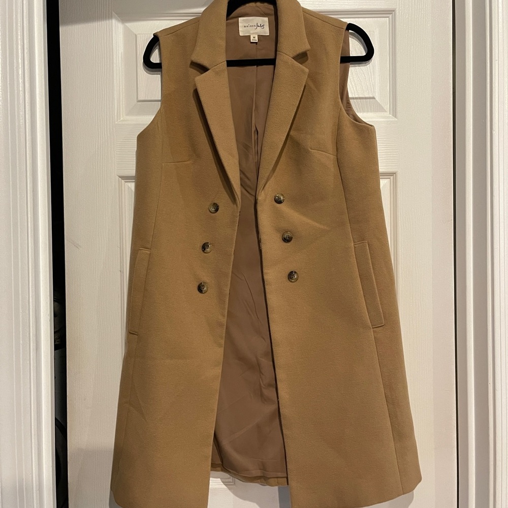 Maison Jules Camel Sleeveless Double-Breasted Wool Vest
